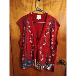 Susan Bristol Vintage Embroidered Floral Knit Vest Sleeveless Sweater Top L